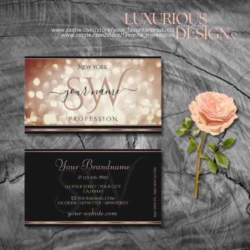 Fancy Rose Gold Sparkle Glitter Black and Initials Business Card