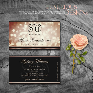 Fancy Rose Gold Sparkle Glitter Black and Monogram Business Card