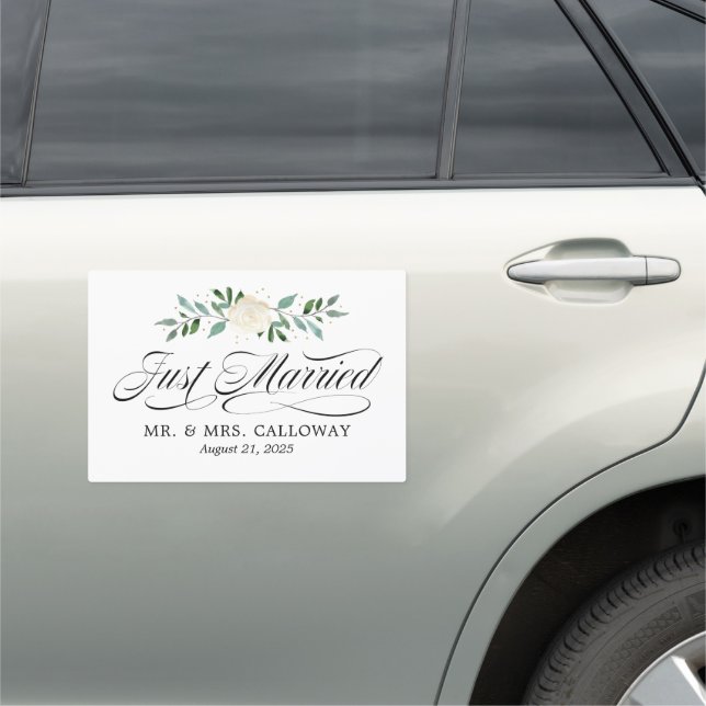 Fancy Rose Just Married Car Banner Magnet (In Situ)