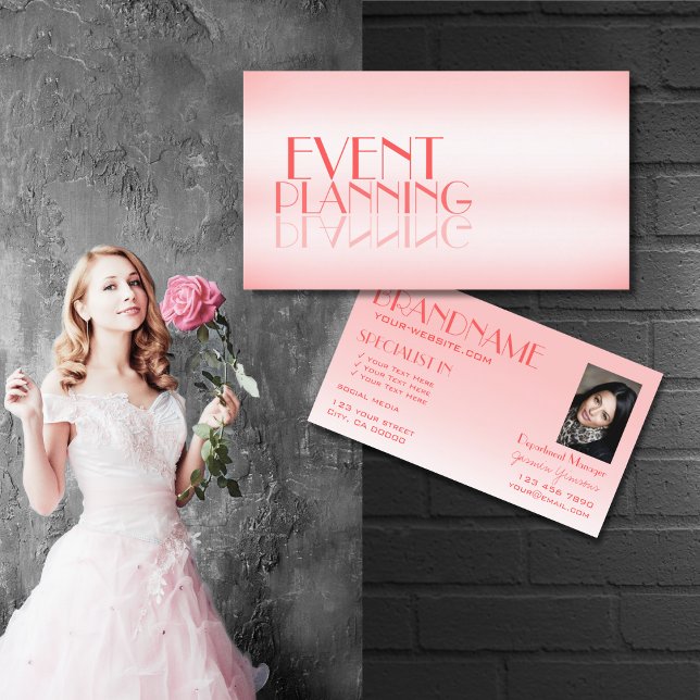Fancy Rose Pink Stylish Mirror Letters with Photo Business Card (Creator Uploaded)
