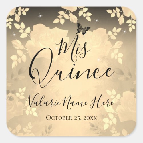 Fancy Roses Quinceanera Gold Square Sticker