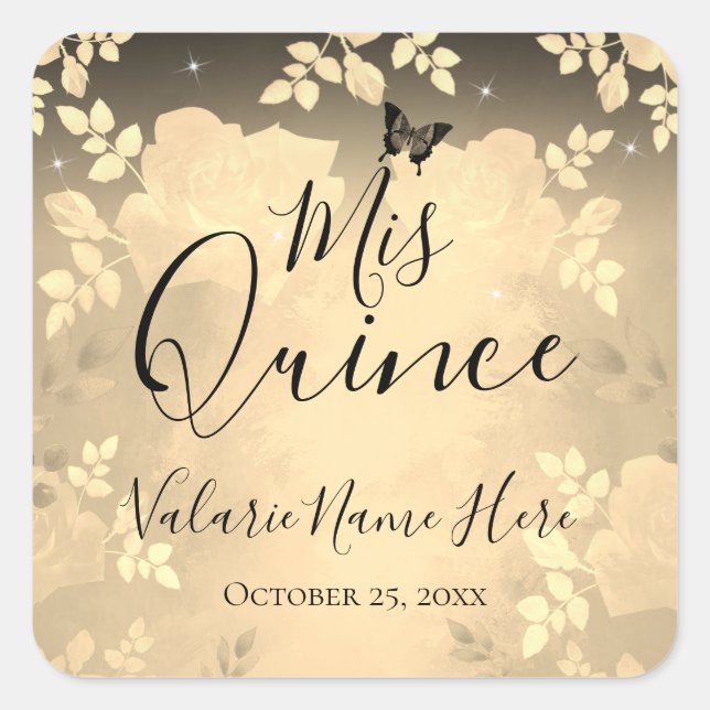 Fancy Roses Quinceanera Gold Square Sticker (Front)