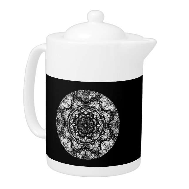 Fancy Round Design on Black. Teapot (Left)