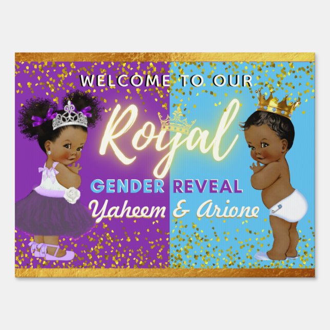 Fancy Royal African Gender Reveal Purple & Blue Sign (Front)