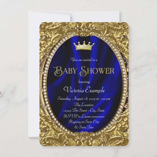 Fancy Royal Blue and Gold Prince Baby Shower Invitation (Back)