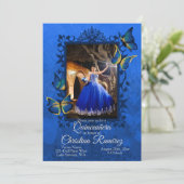 Fancy Royal Blue, Gold Butterfly Quinceanera Invitation (Standing Front)