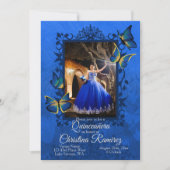 Fancy Royal Blue, Gold Butterfly Quinceanera Invitation (Front)