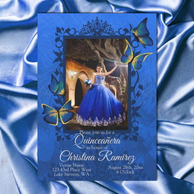 Fancy Royal Blue, Gold Butterfly Quinceanera Invitation
