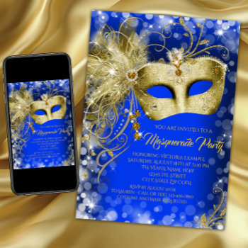 Fancy Royal Blue Gold Glitter Masquerade Party Invitation by Pure_Elegance at Zazzle
