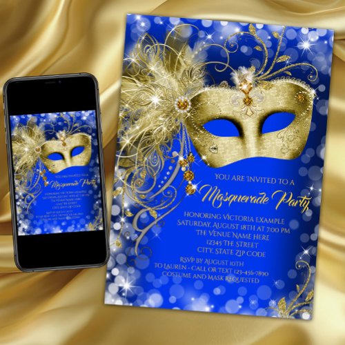 Fancy Royal Blue Gold Glitter Masquerade Party Invitation