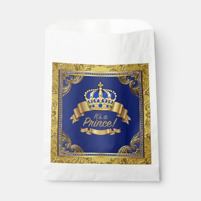 Fancy Royal Blue Gold Prince Baby Shower Favor Bag (Front)