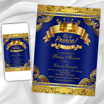 Fancy Royal Blue Gold Prince Baby Shower Invitation by BabyCentral at Zazzle