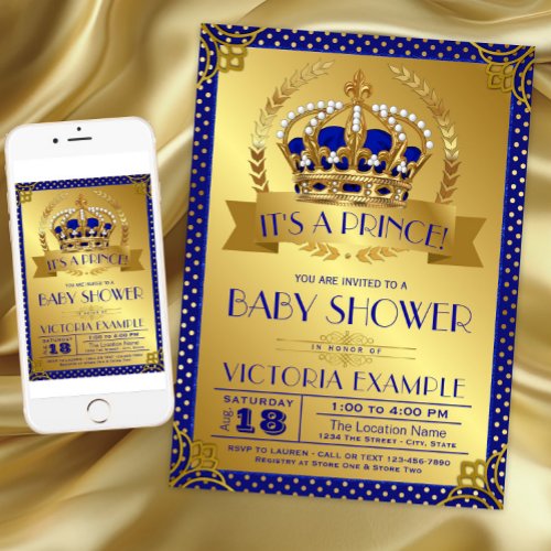 Fancy Royal Blue Gold Prince Baby Shower Invitation