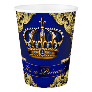 Fancy Royal Blue Gold Prince Baby Shower Paper Cup