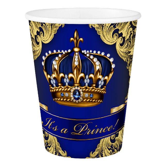 Fancy Royal Blue Gold Prince Baby Shower Paper Cup (Front)