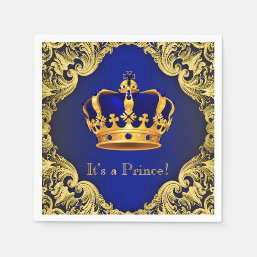 Fancy Royal Blue Gold Prince Baby Shower Paper Napkins