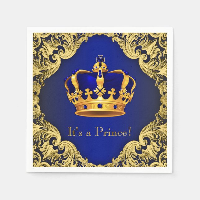 Fancy Royal Blue Gold Prince Baby Shower Paper Napkins (Front)