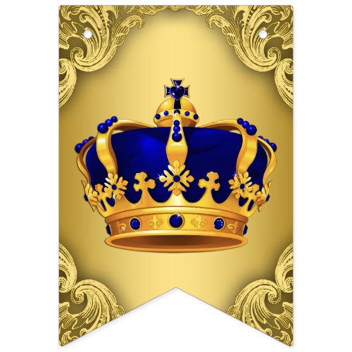Fancy Royal Blue Gold Prince Crown Baby Shower Bunting Flags