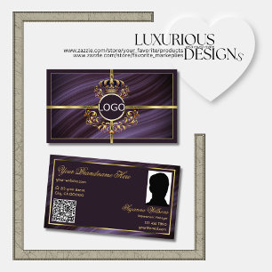 Fancy Royal Purple Gold Crown Logo Photo QR Code Business Card