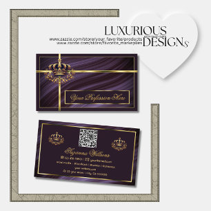 Fancy Royal Purple Gold Crown with QR Code Noble Business Card