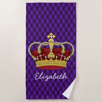 Fancy Royal Purple & Queen's Crown With Name Beach Towel by GrudaHomeDecor at Zazzle