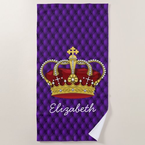 Fancy Royal Purple  Queens Crown with Name Beach Towel