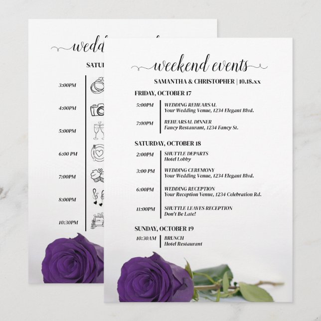 Fancy Royal Purple Rose Wedding Events & Timeline Program (Front/Back)