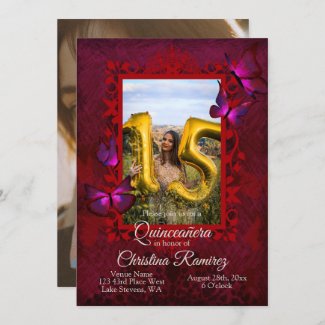 Fancy Ruby Red Butterfly Quinceanera Invitation