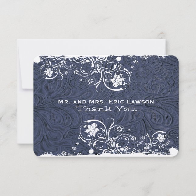 Fancy Rustic Blue Leather Look Thank You Card (Front)