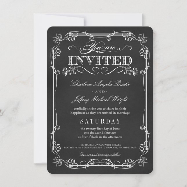 Fancy Rustic Chalkboard Wedding Invitations (Front)