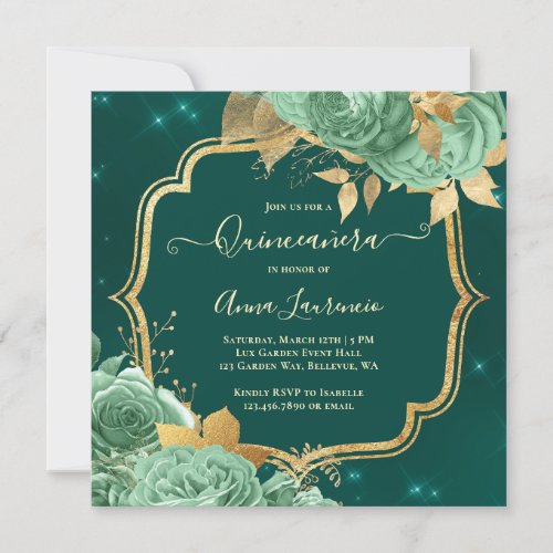 Fancy Sage Green Emerald Gold Floral Quinceanera Invitation