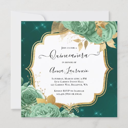 Fancy Sage Green Gold Floral Roses Quinceanera Invitation