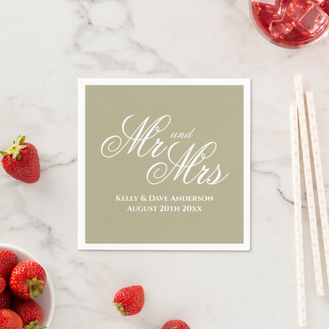 Fancy sage green Mr & Mrs wedding party napkins (Insitu)
