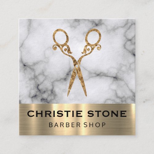 Fancy Salon Shears Marble Gold Trim Square Business Card