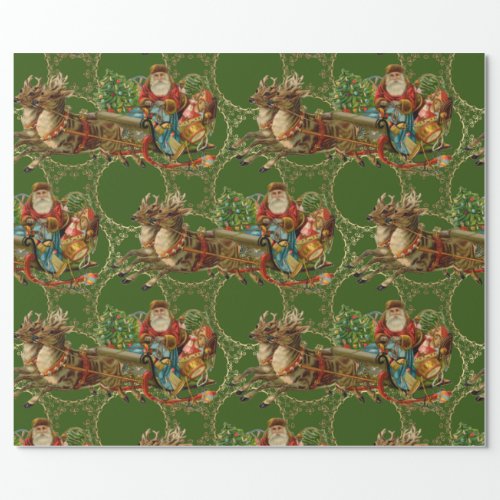 Fancy Santa In His sleigh Green Wrapping Paper