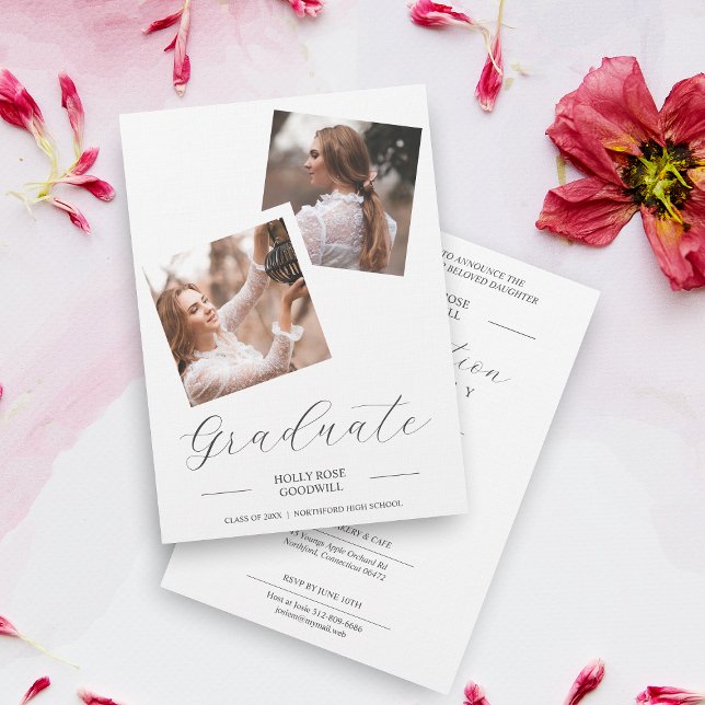 Fancy Script 2 Photos Collage Graduation Invitation (Creator Uploaded)