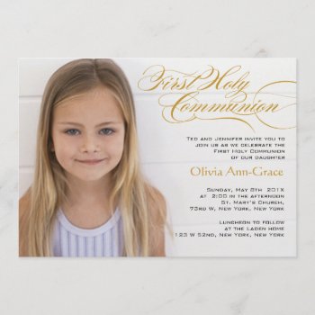 Fancy Script And Photo First Communion Invitations by OrangeOstrichDesigns at Zazzle