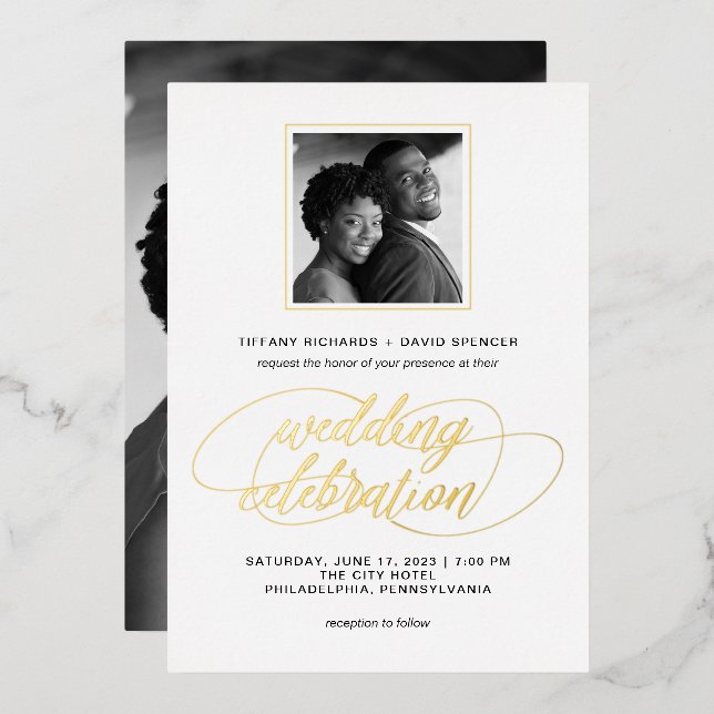Fancy Script and Photo | Wedding Gold Foil Invitation (Front/Back)