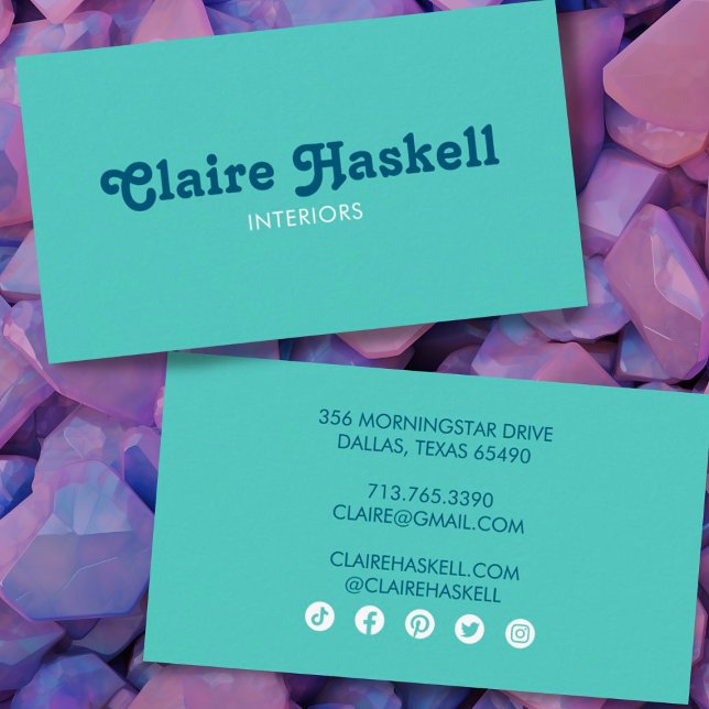 Fancy Script Aqua Chic Minimal Social Media Icons Business Card (Customize the fonts, colors and social media icons of these cool script business cards in teal blue)