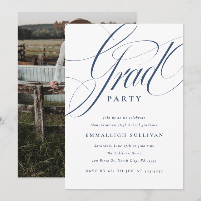 Fancy Script Blue Graduation Party Invitation (Front/Back)