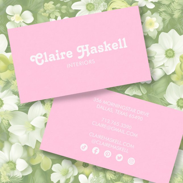 Fancy Script Blush Chic Minimal Social Media Icons Business Card (Simple pale pink business cards with custom fonts and social media icons. Change the colors, font)