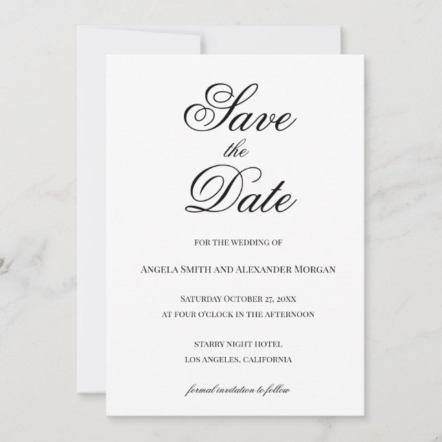 Fancy Script Calligraphy Black and White Save The Date (Front)
