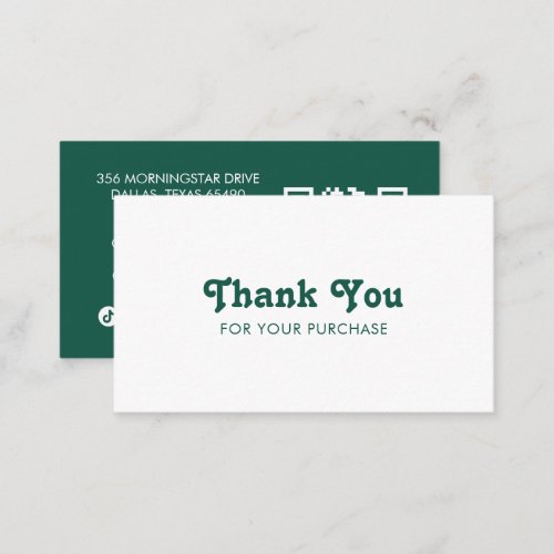 Fancy Script Chic Green Order Thank You Minimal QR Business Card