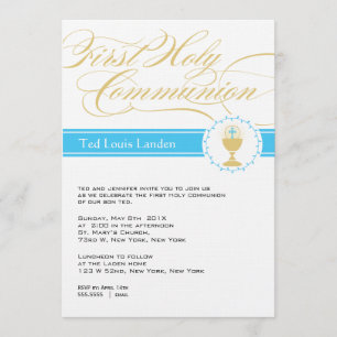 Fancy Script First Communion Invitations Blue