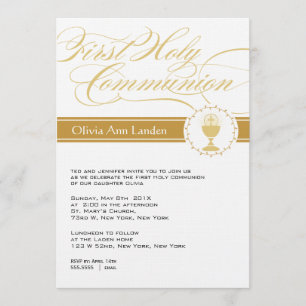 Fancy Script First Communion Invitations Gold