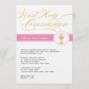 Fancy Script First Communion Invitations Pink