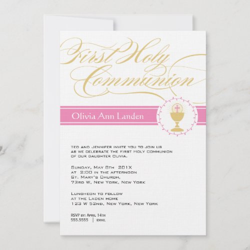 Fancy Script First Communion Invitations  |  Pink