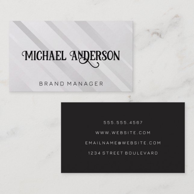 Fancy Script Font | White Gray Stripes Business Card (Front/Back)