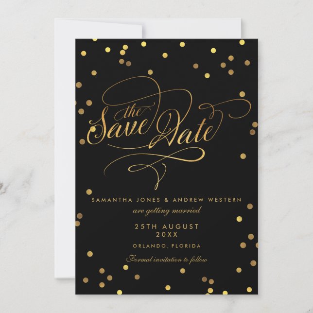 Fancy Script Gold Confetti Wedding Save The Date (Front)