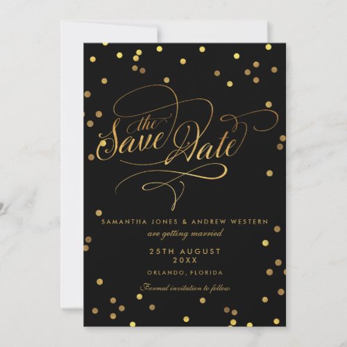 Fancy Script Gold Confetti Wedding Save The Date